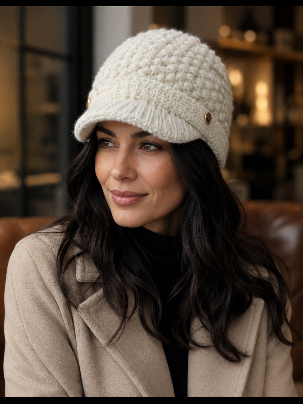 Chunky Knit Cream Visor Beanie Hat gold logo, winter cap 100% acrylic